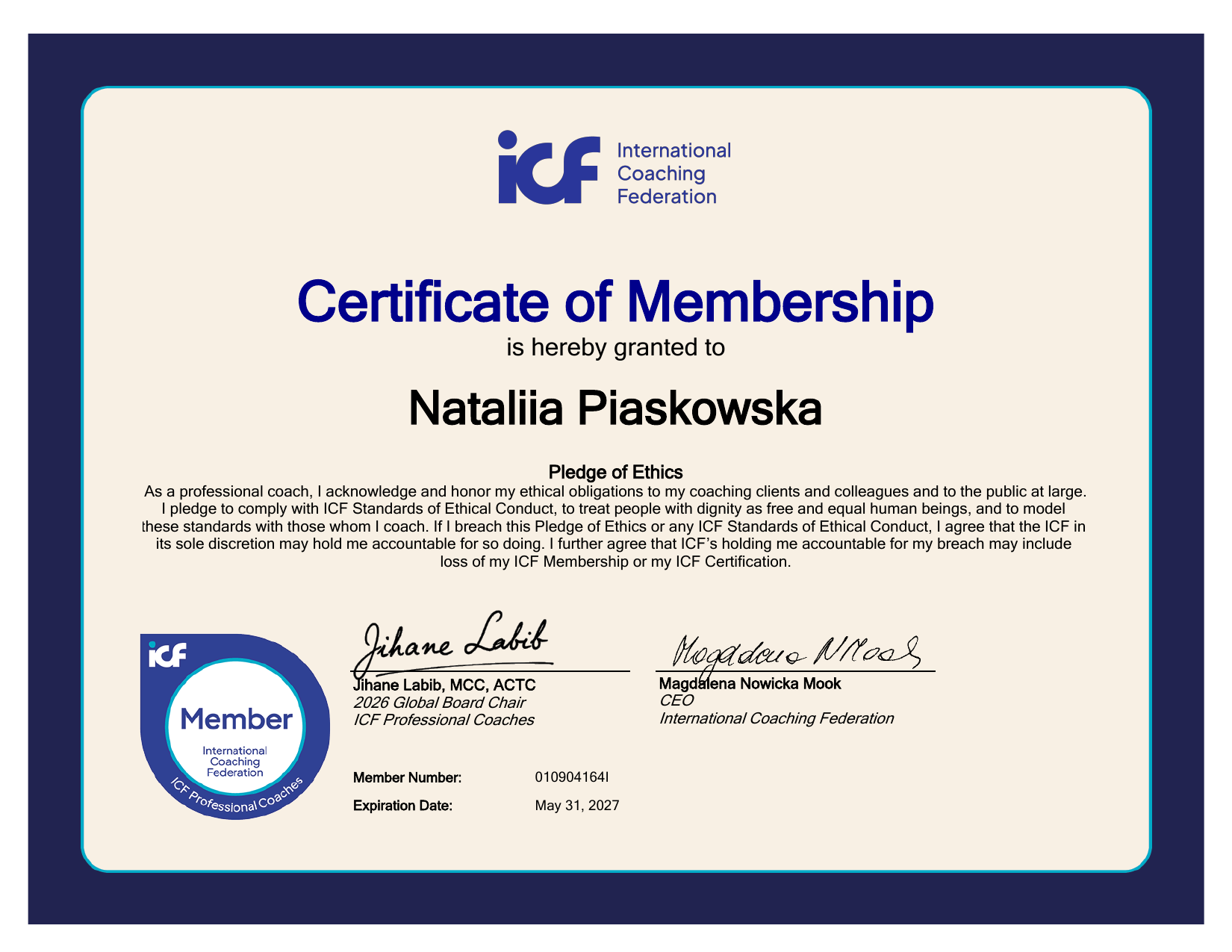 ICF Member Certificate